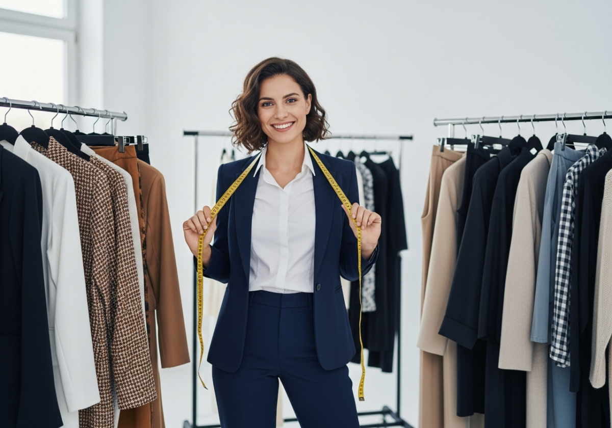 Stylowa stylistka mody w nowoczesnym studiu z miarką, otoczona różnorodnymi ubraniami.