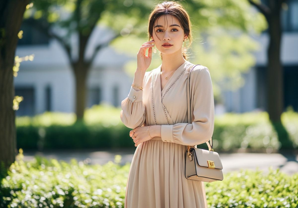 Młoda kobieta w beżowej sukience z torebką stoi w miejskim parku w świetle dziennym.