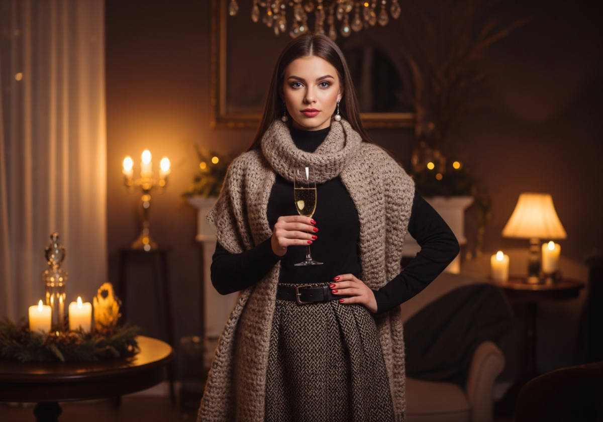 Modnie ubrana kobieta na Andrzejkach w eleganckim wnętrzu z drinkiem, przytłumione światło, jesienna stylizacja