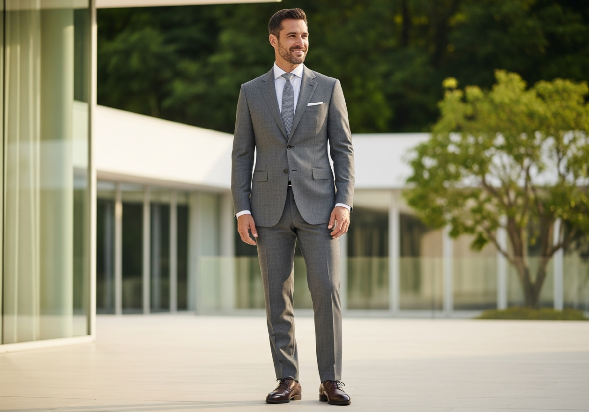 Gość weselny w nowoczesnym garniturze stoi przy minimalistycznej sali ślubnej na tle zieleni.