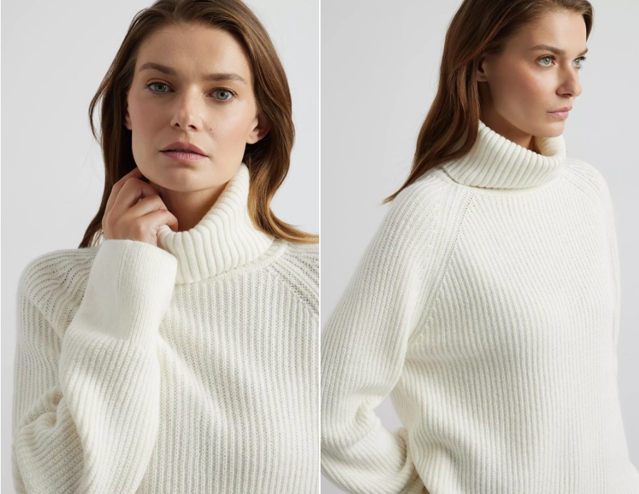 kobieta w białym golfie swetrze