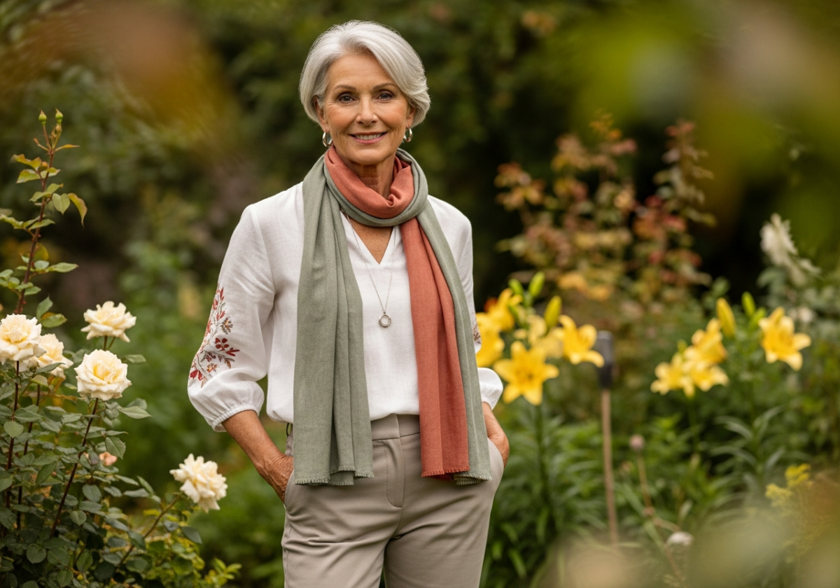 Stylowa kobieta po 60. roku życia w eleganckim ubraniu w ogrodzie na naturalnym świetle, kadru 4:3.