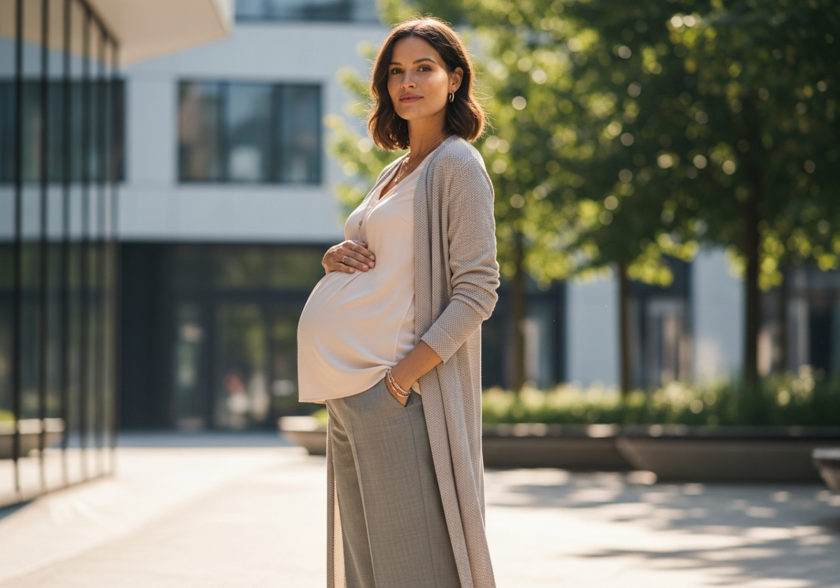 Pregnant woman in comfortable maternity outfit standing in bright urban park with natural sunlight and serene expression
