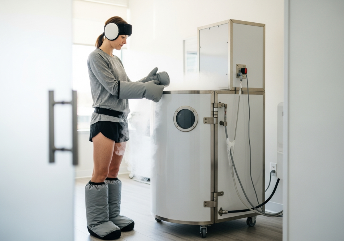 Osoba w odzieży ochronnej przygotowująca się do krioterapii obok kriokomory w nowoczesnej klinice.