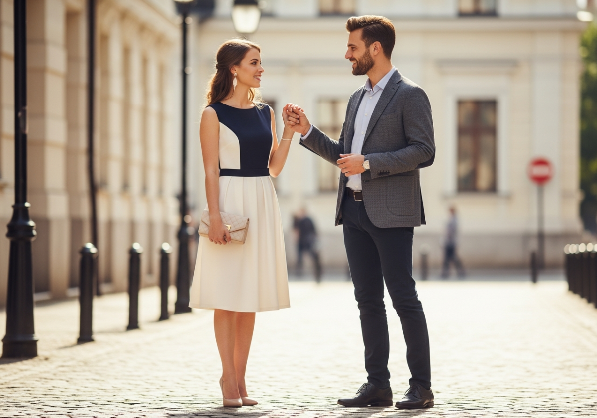 Stylowo ubrana para spotyka się na miejskiej ulicy w słoneczny dzień, uśmiechając się i patrząc sobie w oczy.