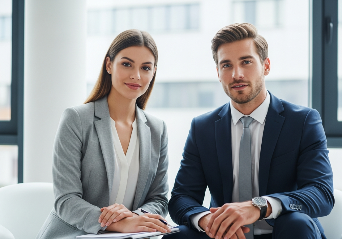 Młody mężczyzna i kobieta w biurze przygotowują się do rozmowy o pracę, siedząc przy stole.