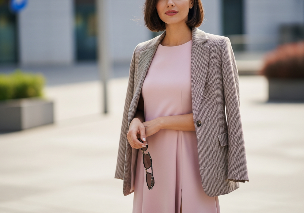 Kobieta w różowej sukience i blezerze na tle rozmytego miejskiego pejzażu