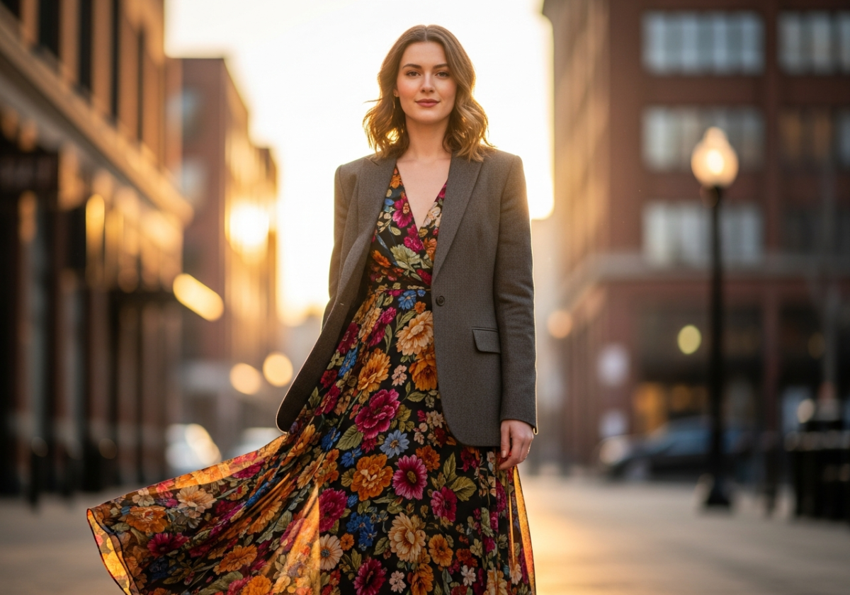 Młoda kobieta w marynarce i kwiatowej sukience stoi pewnie na miejskiej ulicy o poranku.
