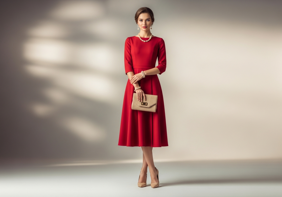 Beżowe dodatki do czerwonej sukienki – jak stworzyć elegancką i harmonijną stylizację