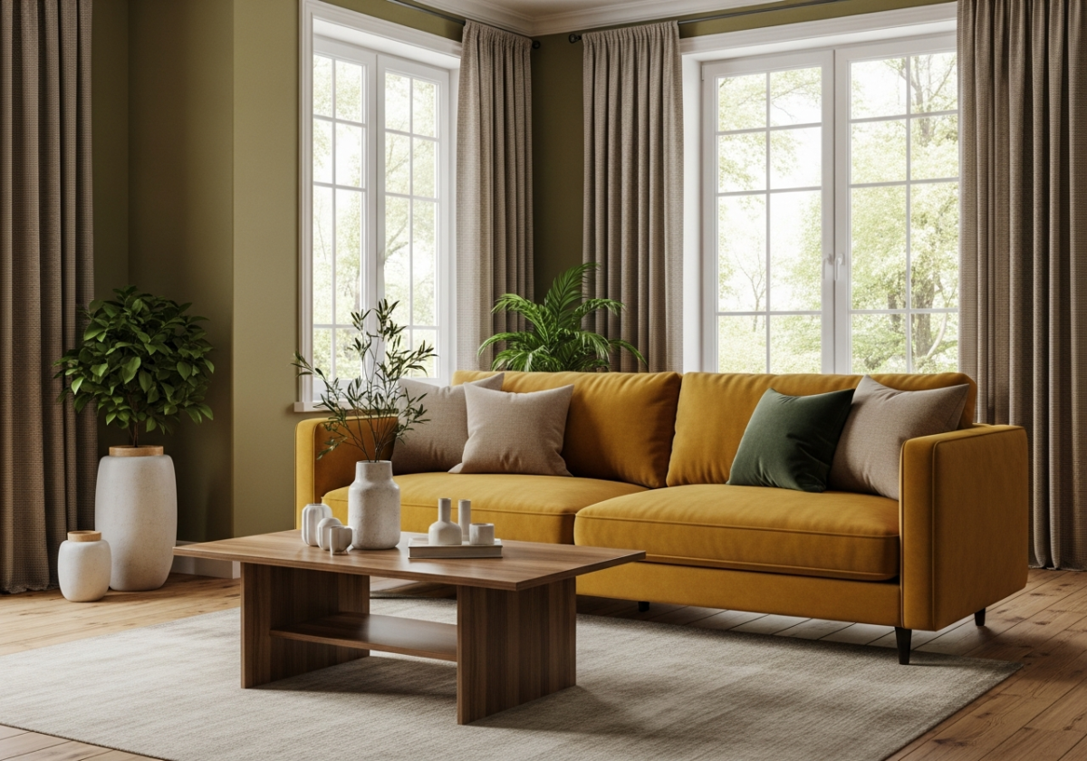 Przytulny salon z musztardową sofą, drewnianym stolikiem i roślinami w naturalnym oświetleniu.