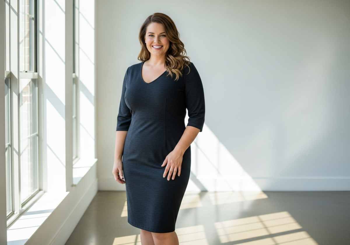 Pewna siebie kobieta plus size w dopasowanej sukience stoi w jasnym, nowoczesnym wnętrzu.