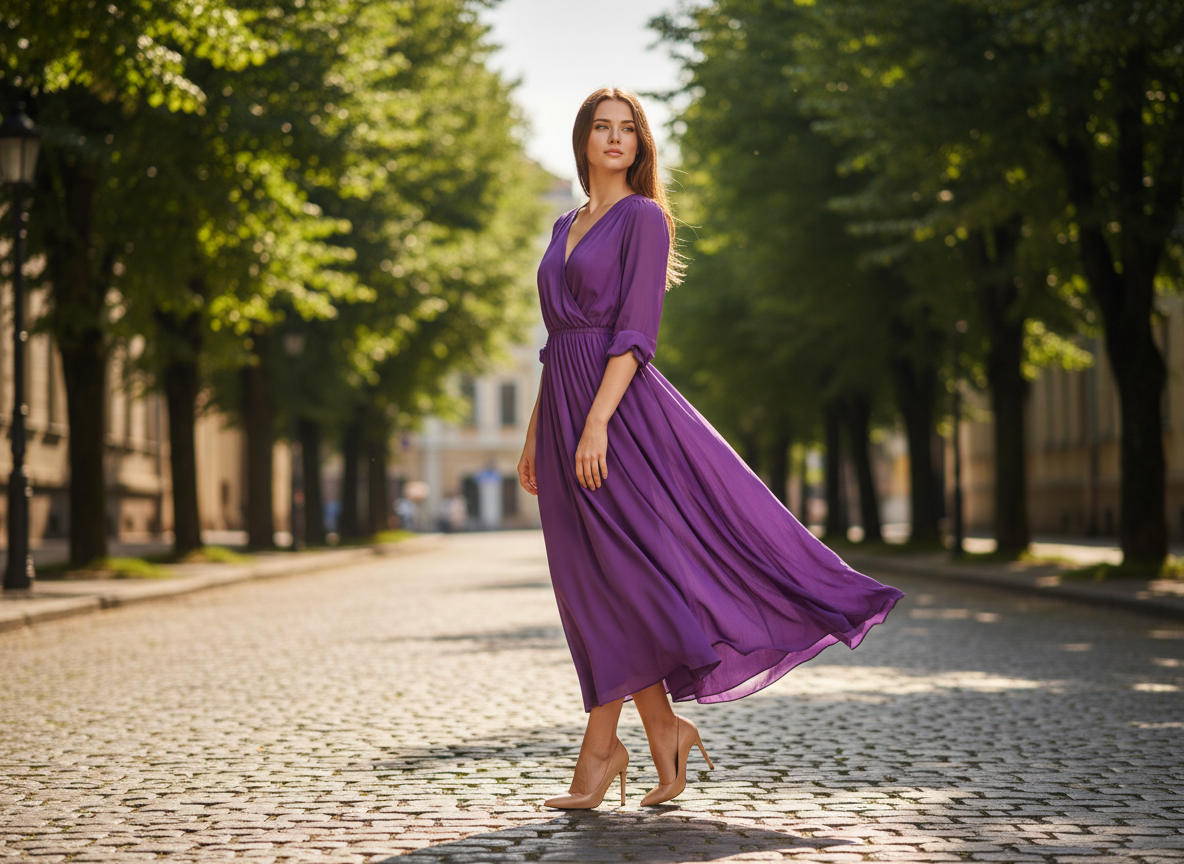 Fioletowa sukienka i beżowe buty – jak stworzyć stylową i spójną kolorystycznie stylizację
